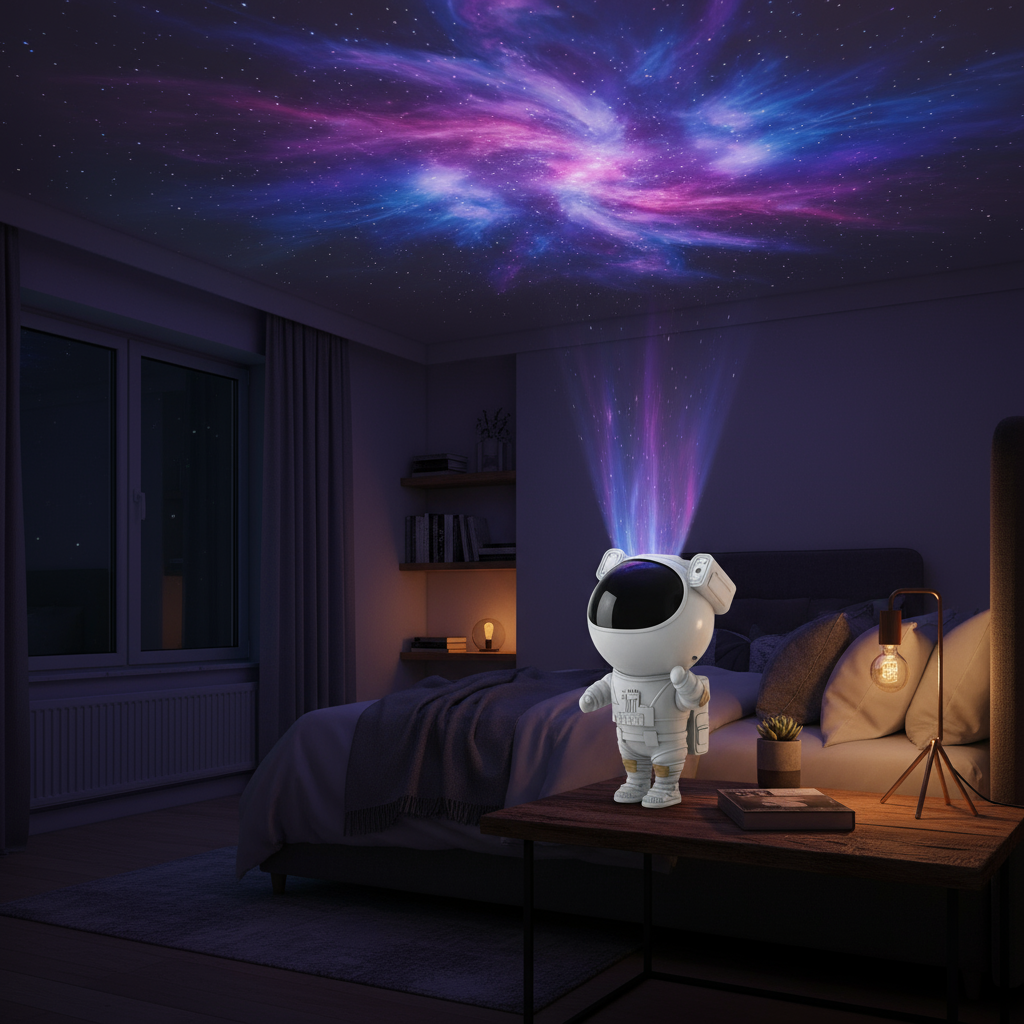 The Galaxy Bot™ Astronaut Galaxy Projector in a cozy bedroom setting
